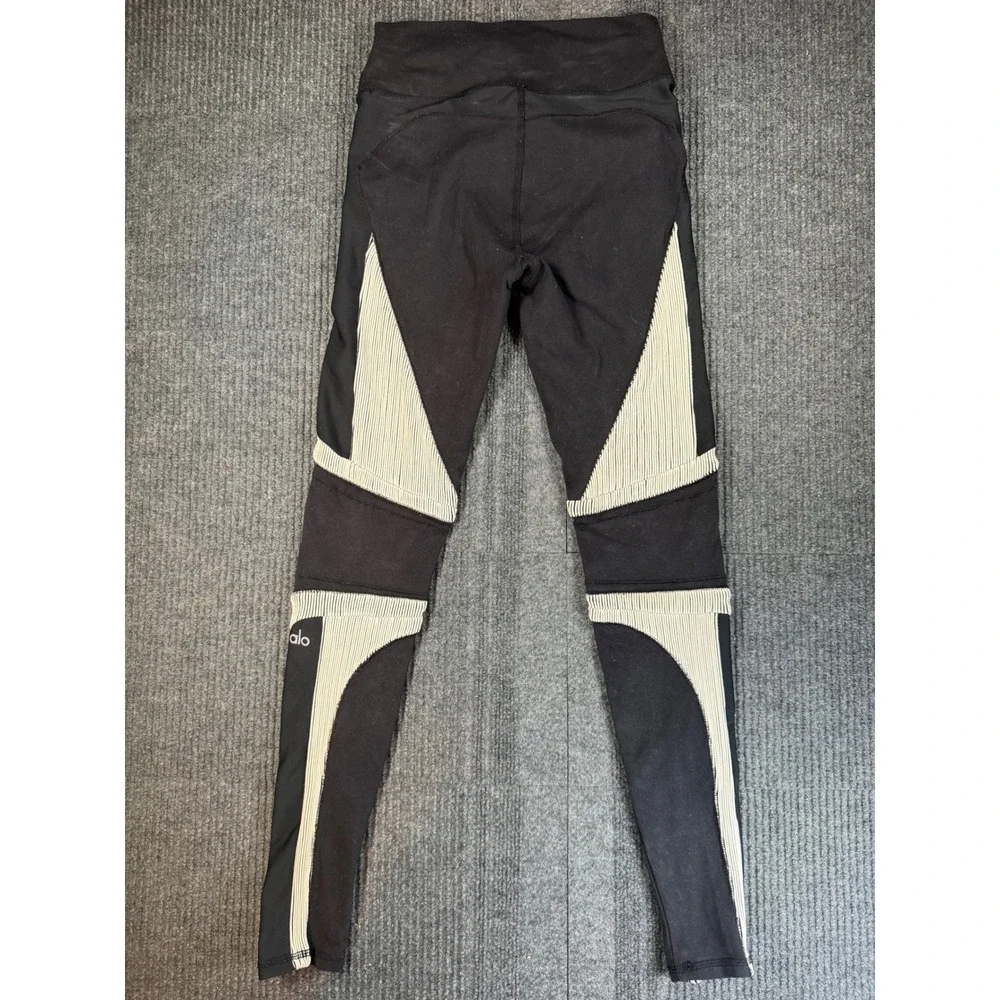 Alo Yoga Womens High Waist Moto Pinstripe Ribbed Leggings Black White Small